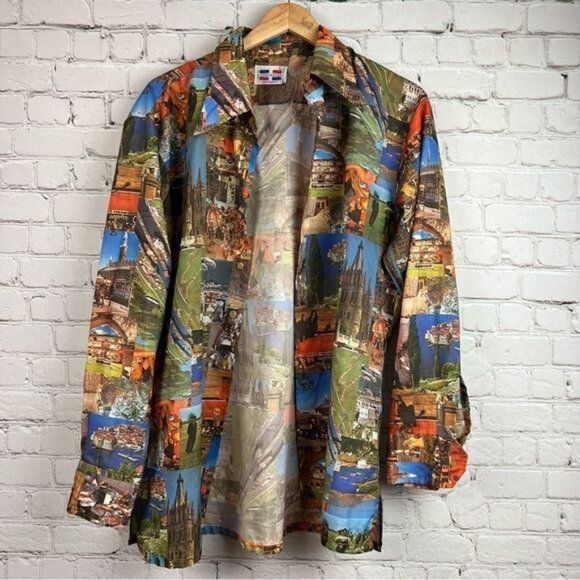 Vintage 70’s Trafalgar Travel Photo Mosaic Print Dagger Collar Disco Club Shirt - Picture 2 of 12